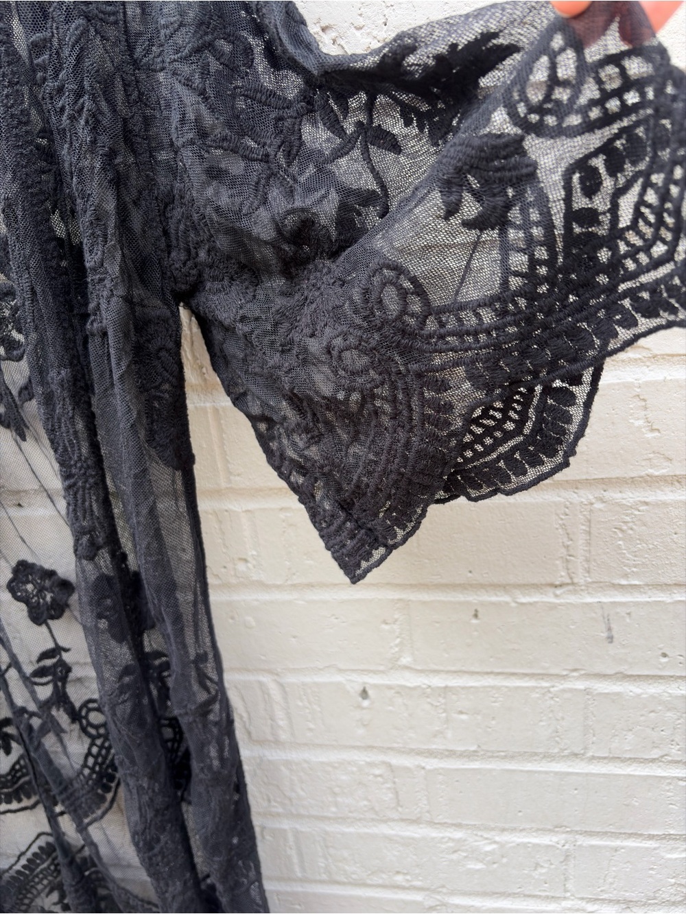 Black Sheer Boho Embroidered Woven Heart Kimono Cardigan - Picture 2 of 9